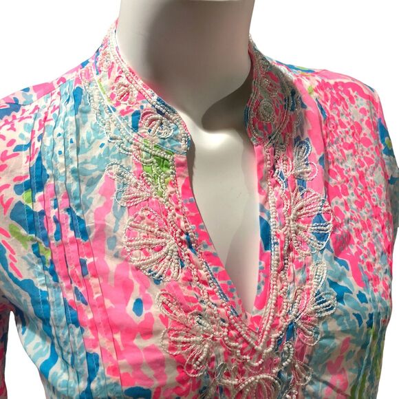 Lilly Pulitzer Let's Cha Cha Sarasota Tunic Blouse Top Beaded Pink Blue Sz Small - Picture 2 of 5